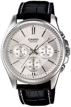 Casio Herreklokke MTP-1375L-7AVDF Classic Sølvfarget/Lær Ø42 mm