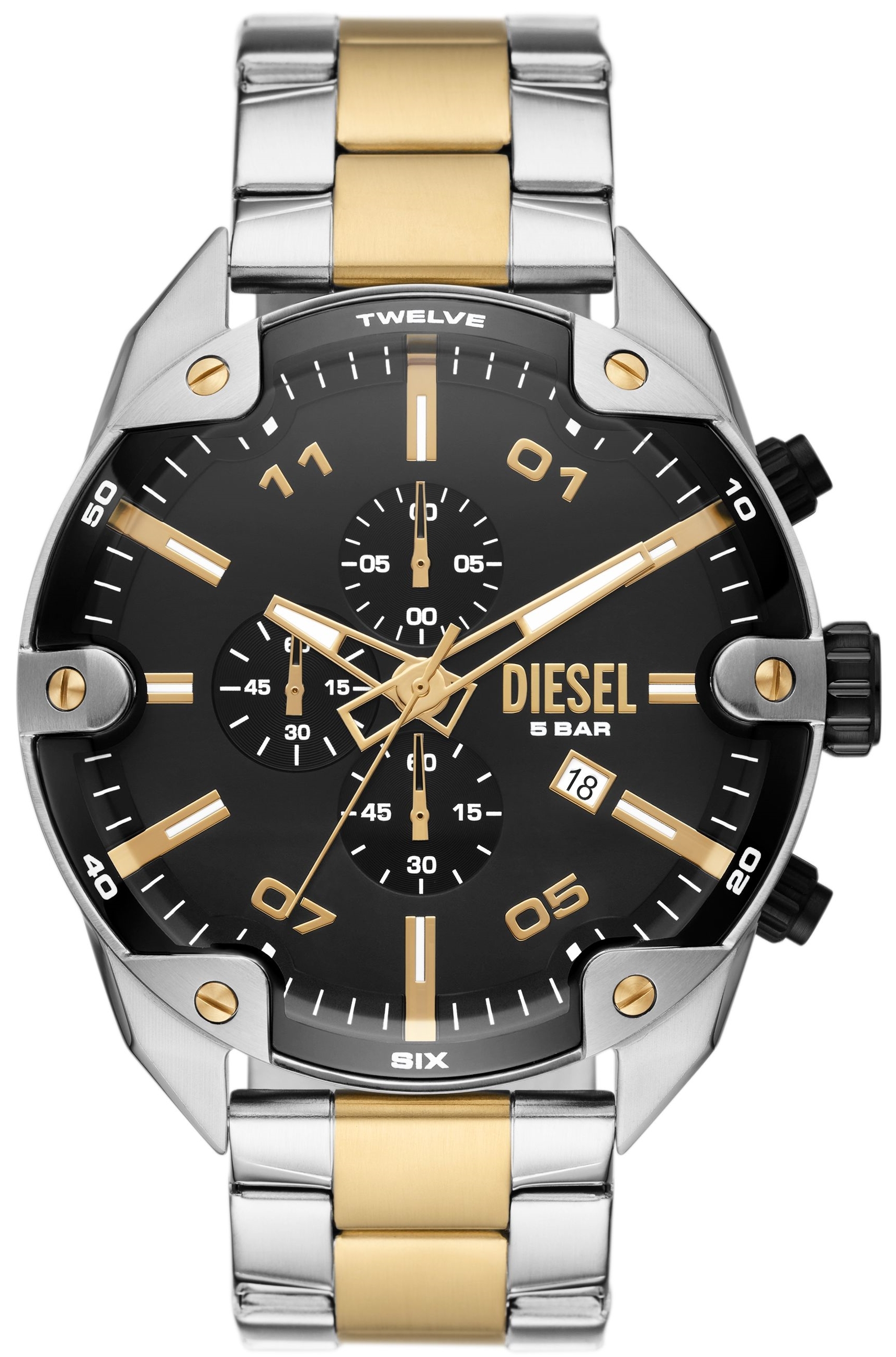 Diesel Herreklokke DZ4627 Spiked Sort/Gulltonet stål Ø49 mm