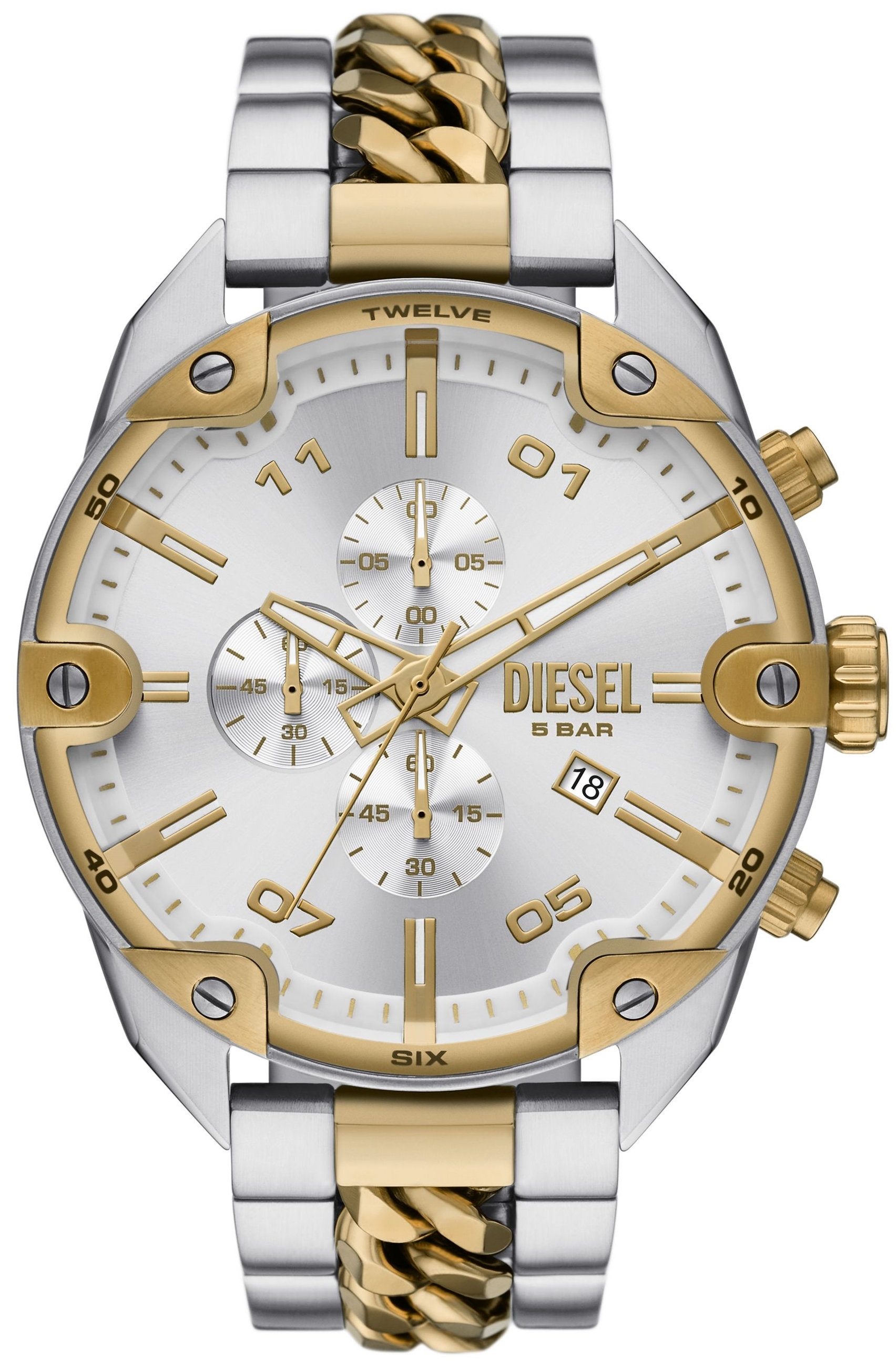 Diesel Herreklokke DZ4629 Spiked Sølvfarget/Gulltonet stål Ø49 mm