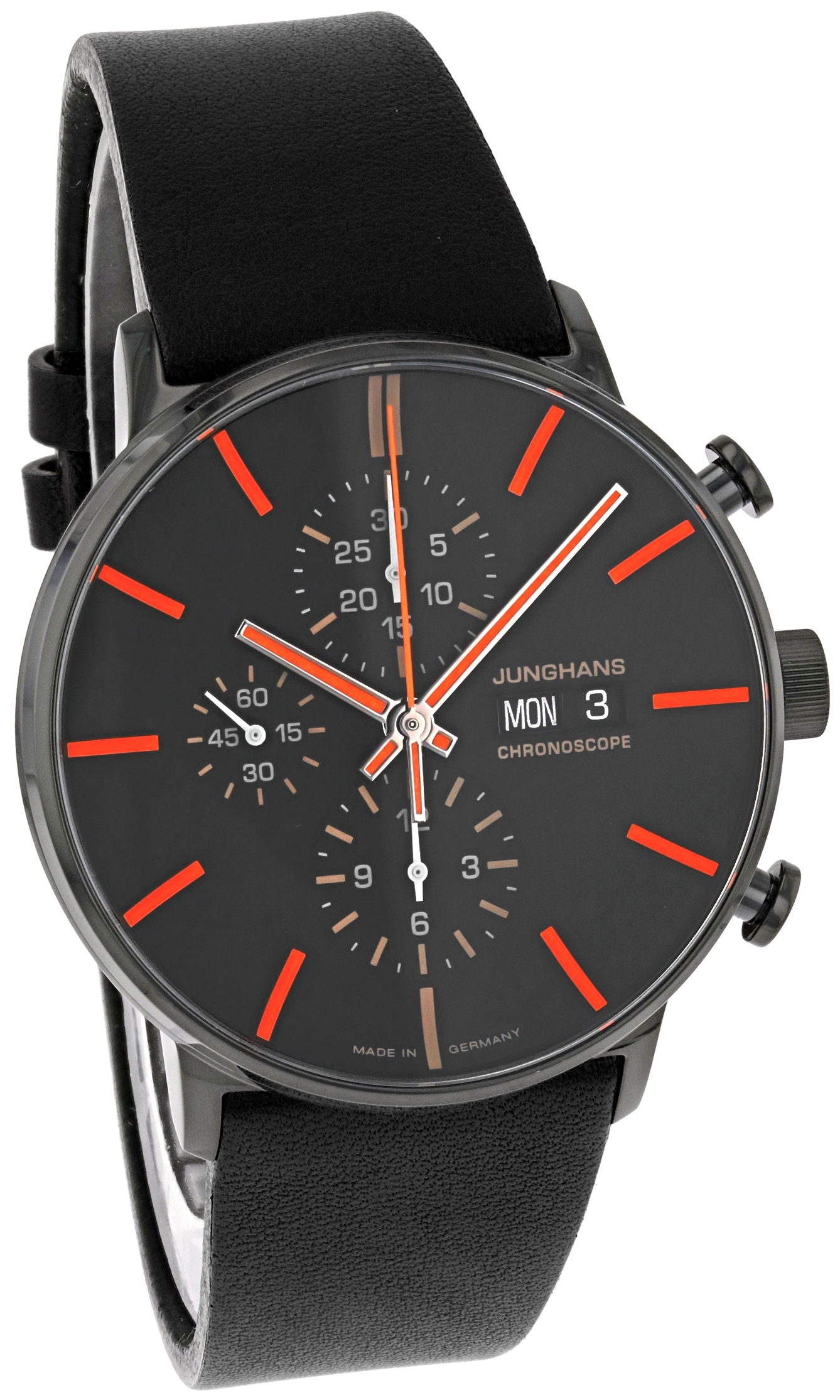 Junghans Herreklokke 27/4370.02 FORM A Chronoscope Sort/Lær Ø42 mm