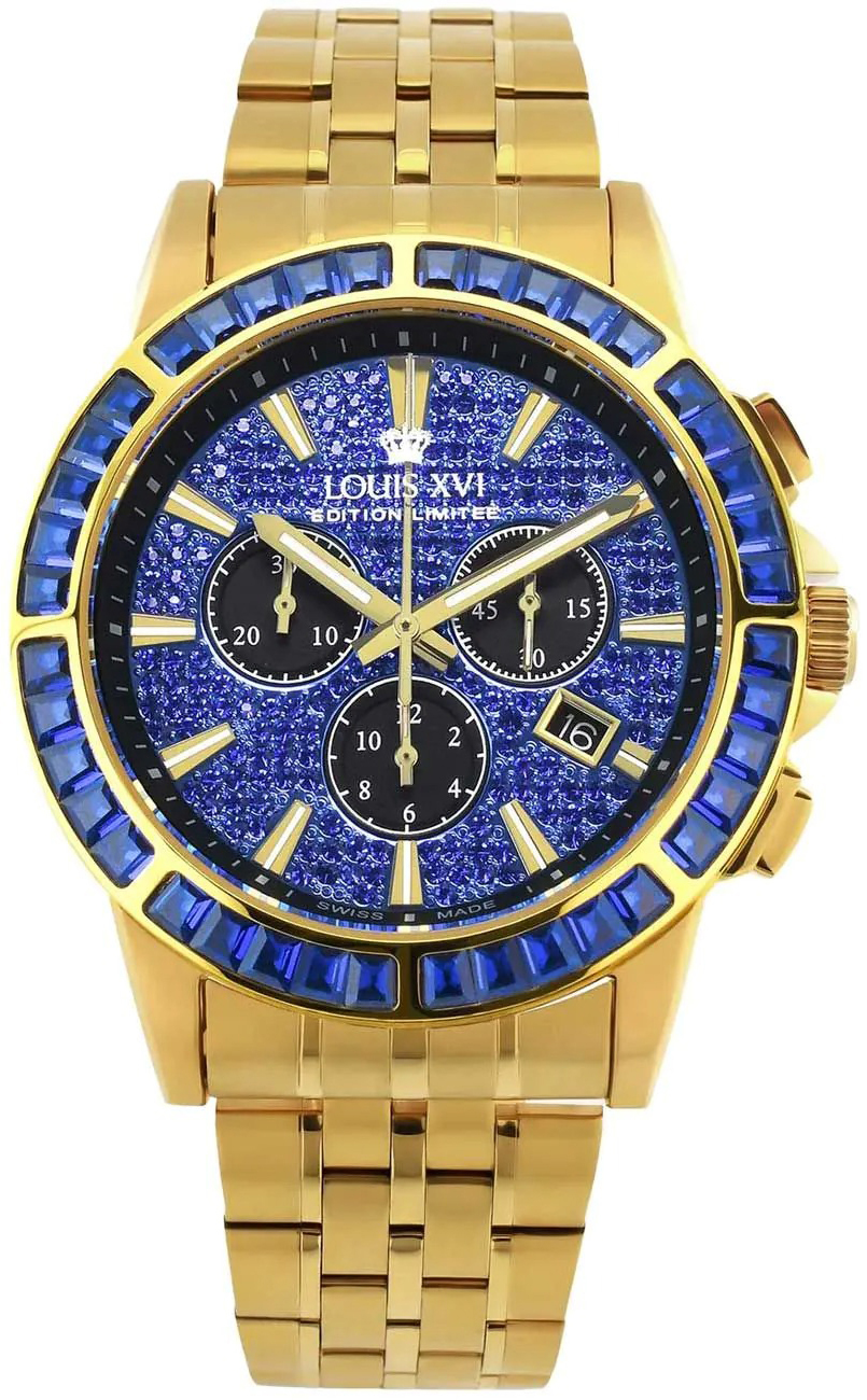 Louis XVI Herreklokke XLXVI1132 Majeste Iced Out Blå/Gulltonet stål