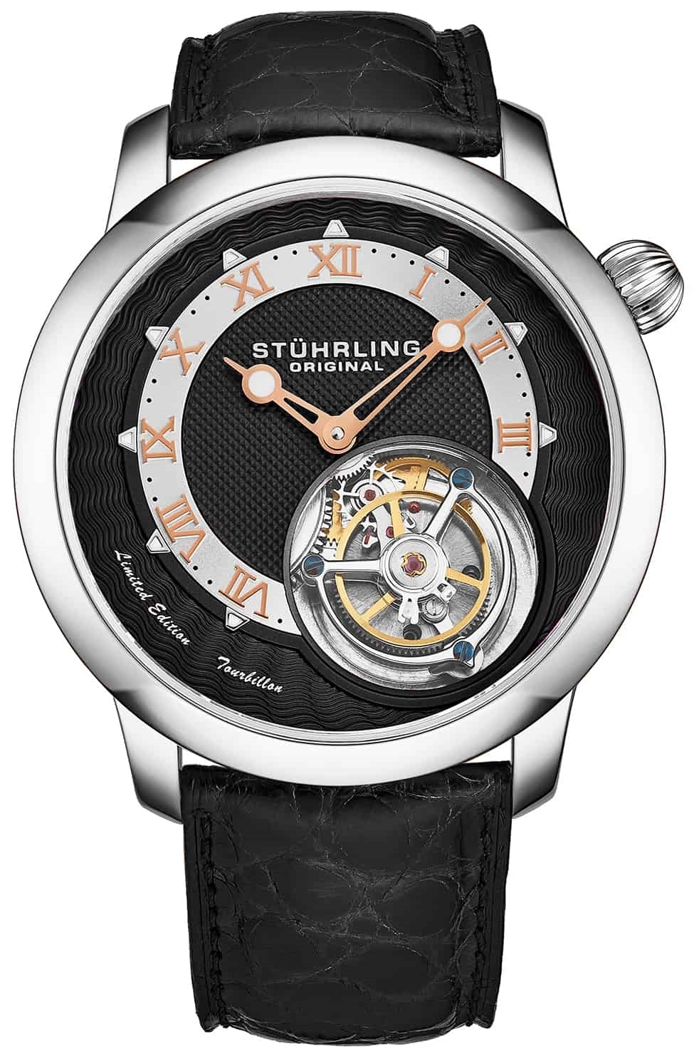 Stührling Original Herreklokke 390.01 Tourbillon Eclipse Sort/Lær