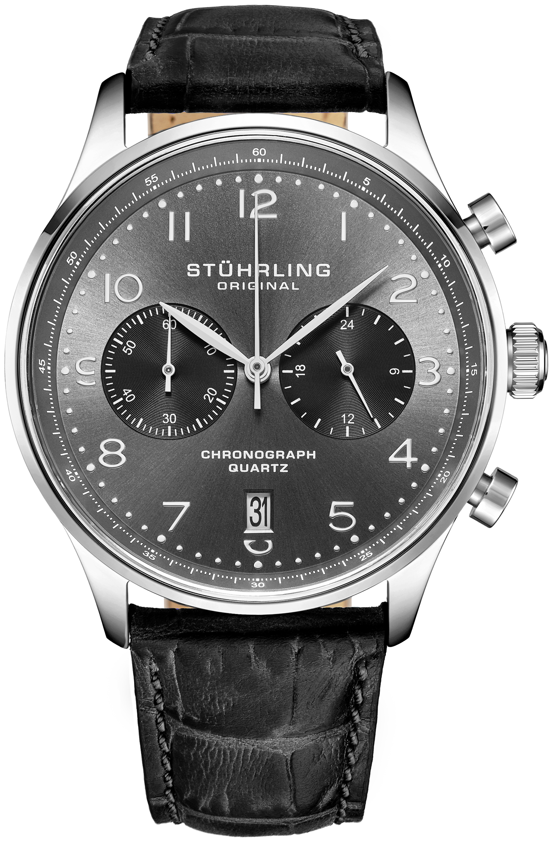 Stührling Original Herreklokke 4012.2 Gr1-Q Grå/Lær Ø42 mm